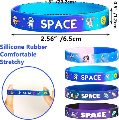 Lesnala 48PCS Outer Space Party Silicone Bracelets Astronaut Rubber Wristband Bulk Galaxy Stars Themed Party Favors for Planet Universe Birthday Decorations Supplies 4 Styles