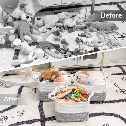 Goodpick Woven Storage Baskets for Organizing, Cotton Rope Organizer for Dog Toys Books, Rectangle Shoe Basket for Shelves, Stylish Gift Baskets Empty with Handles, 13"x10"x9", Blue