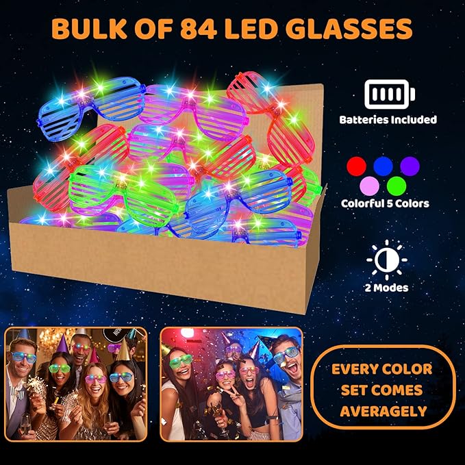 84 PCS LED Glow Glasses, Glow in The Dark Party Supplies 2025 for Kids/Adults, Light Up Glasses for Rave Party,Wedding, Birthday, Concert, New Year, Carnival