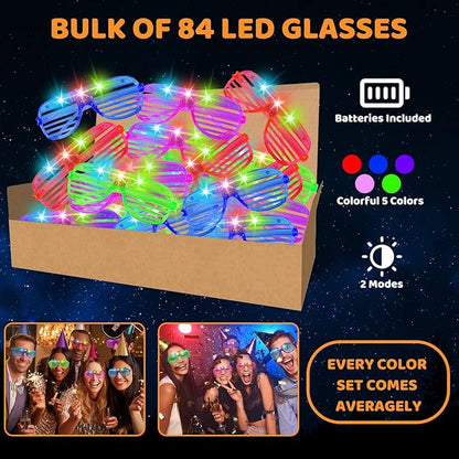 84 PCS LED Glow Glasses, Glow in The Dark Party Supplies 2025 for Kids/Adults, Light Up Glasses for Rave Party,Wedding, Birthday, Concert, New Year, Carnival