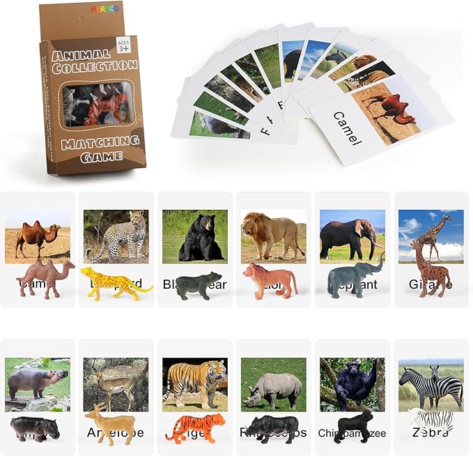 MEROCO Montessori Zoo Safari Animal Match - Miniature Figurines with 2 Part Matching Cards Montessori Language Materials Preschool Learning Toy NEWTT004