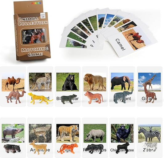MEROCO Montessori Zoo Safari Animal Match - Miniature Figurines with 2 Part Matching Cards Montessori Language Materials Preschool Learning Toy NEWTT004