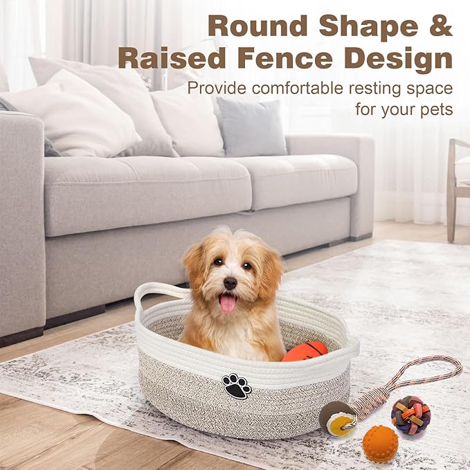 Optish Dog Toy Easter Basket, Toy Box and Bin for Dog Cat Storage, 13.5" X 11" X 5" Small Woven Rope Basket for Baby Storage, Closet, Living Room, White & Brown