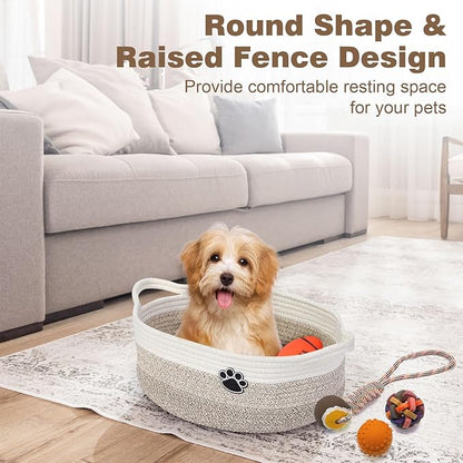 Optish Dog Toy Easter Basket, Toy Box and Bin for Dog Cat Storage, 13.5" X 11" X 5" Small Woven Rope Basket for Baby Storage, Closet, Living Room, White & Brown