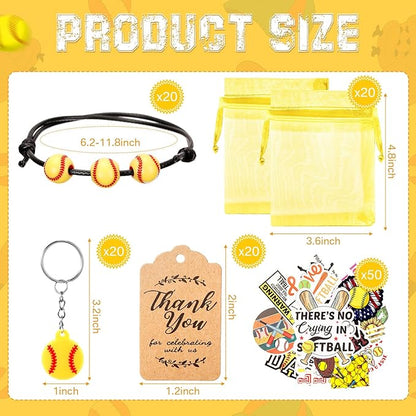 130 Pcs Softball Party Favors Including Softball Keychains Adjustable Softball Bracelets PVC Softball Stickers Thank You Kraft Tags Organza Bags for Birthday Party Wedding School Reward