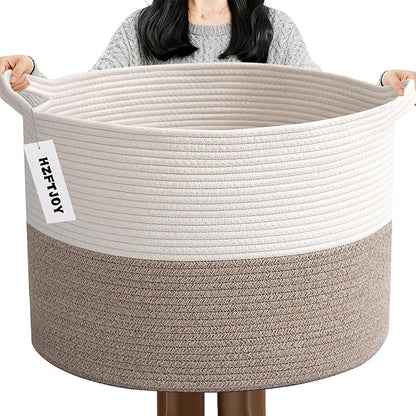 65L Large Woven Cotton Rope Blanket Basket with Handles, Laundry Hamper Storage Bin for Pillows, Clothes, Bedroom and Living Room Organization, White & Brown