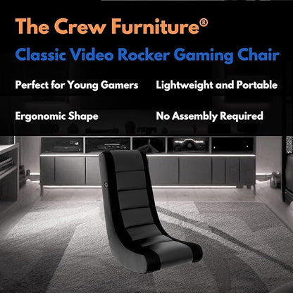 The Crew Furniture Classic Video Rocker Floor Gaming Chair, Kids and Teens, Racing Stripe PU Faux Leather & Polyester Mesh, Black/Black