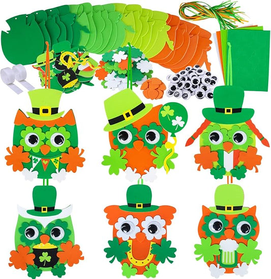 24 Sets St. Patrick's Day Decorations Owl Shamrock Ornaments DIY St. Pat's Craft Kits Assorted Owl Four-Leaf Clover Irish Lucky Shamrock Foam Stickers for Kids Classroom Home Activity Gift Art Project
