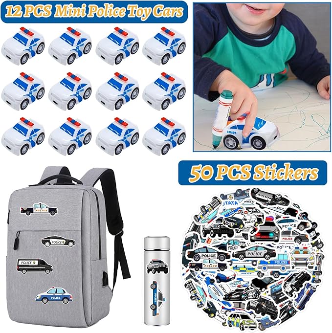 Police Party Favors Kit, Police Party Decorations, 72Pcs Temporary Tattoos, 12Pcs Police Officer Slap Bracelets, 50PCS Police Stickers,12Pcs Mini Police Toy Cars, 12Pcs button badge, 12Pcs Gift Bags