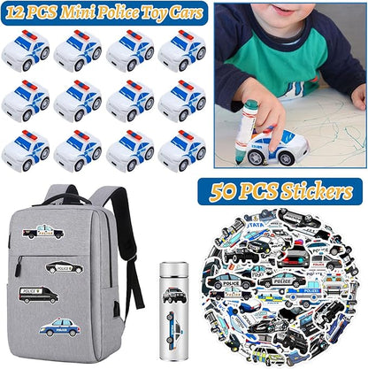 Police Party Favors Kit, Police Party Decorations, 72Pcs Temporary Tattoos, 12Pcs Police Officer Slap Bracelets, 50PCS Police Stickers,12Pcs Mini Police Toy Cars, 12Pcs button badge, 12Pcs Gift Bags