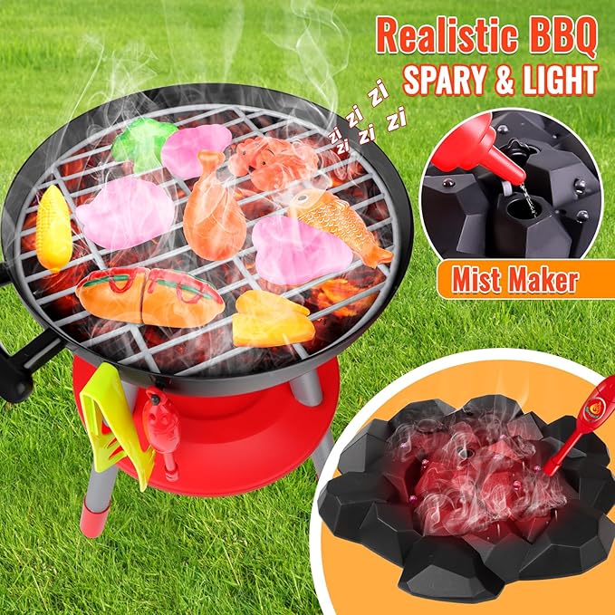 deAO Kids BBQ Grill Playset,36 Pcs Kitchen Toy with Realistic Smoke,Light,6Pcs Change Color Pretend Foods,Cutting Foods Toys,Interactive BBQ Toy Set for Kids