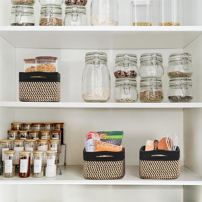 Goodpick Storage Baskets, Small Baskets for Organizing Gift Basket Empty Woven Rope Basket for Shelves Closet Organizer Bins for Towels 3 Pack, Black & Jute, 11 x 7 x 4.5 in