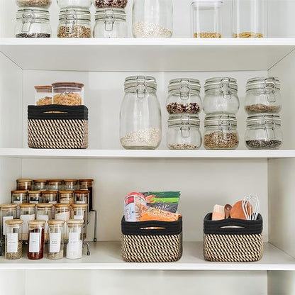 Goodpick Storage Baskets, Small Baskets for Organizing Gift Basket Empty Woven Rope Basket for Shelves Closet Organizer Bins for Towels 3 Pack, Black & Jute, 11 x 7 x 4.5 in