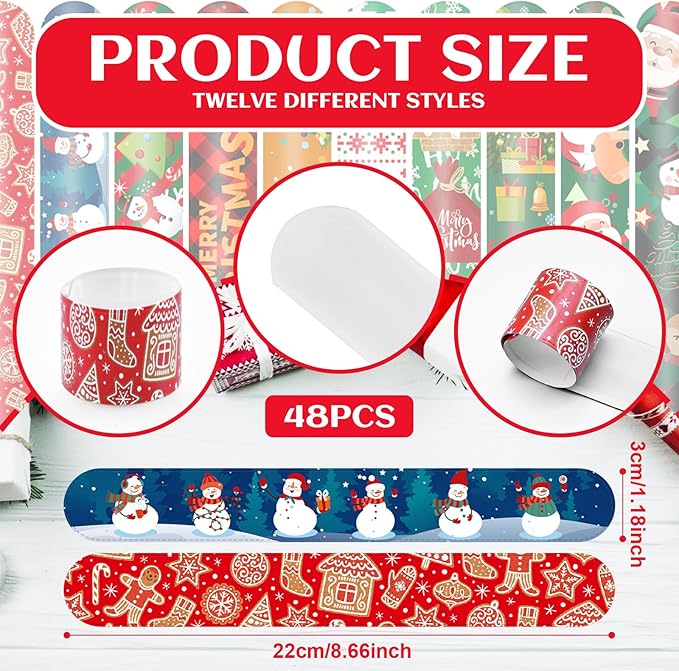 48 Pieces Christmas Slap Bracelets Bulk Party Favors for Kids - 12 Designs Festive Snap Bands, Holiday Goodie Bag Xmas Stocking Fillers, Classroom Prizes Accessories, Wrist Decorations Gifts Supplies