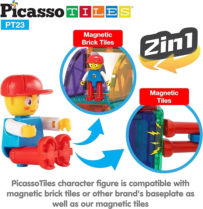PicassoTiles Magnetic Car Play Set with Action Figures for Kids 3+ - STEM Building Block Vehicle Toy
