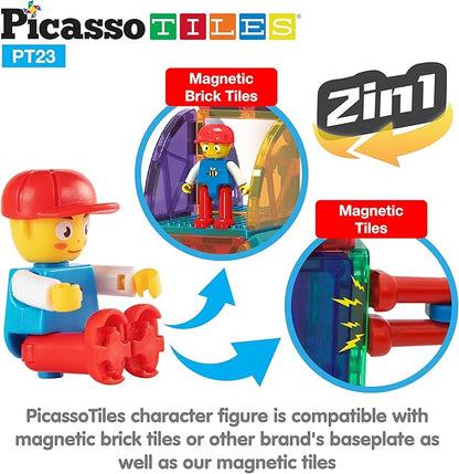 PicassoTiles Magnetic Car Play Set with Action Figures for Kids 3+ - STEM Building Block Vehicle Toy