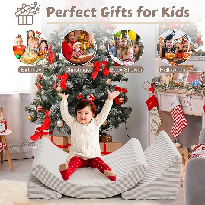 Toddler Chair Comfy Sofa, Adjustable Leg Elevating Pillow Sensory Rocker Foam Chaise Lounge Sofa Bed Comfy Floor Chair Moon Chair Reading Nook Recliner for Bedroom Playroom,Beige