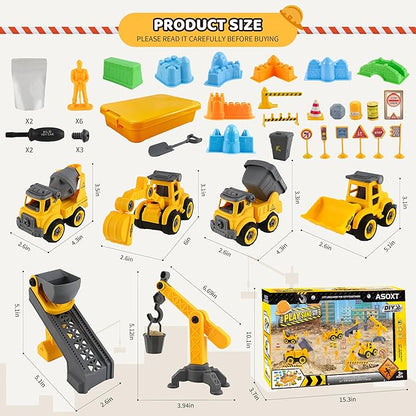 Asoxt Construction Sensory Playset - 43pcs Play Sand Art Kit- 2 lbs Sand,Sandbox,4 DIY Construction Trucks,Crane,Conveyor,8 Sand Molds,6 Figures,12 Road Signs - Ideal Toy for Boys & Girls Ages 3+