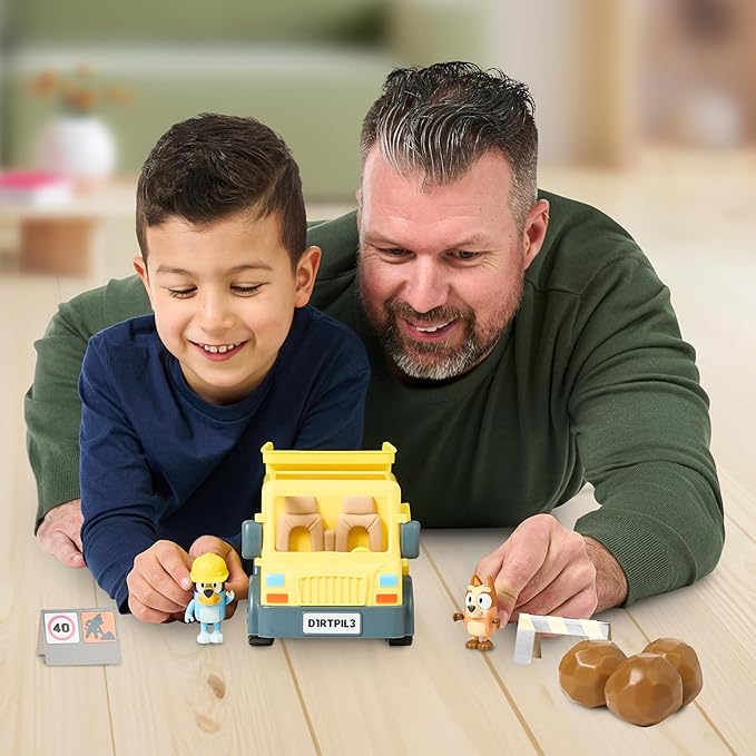 Bluey Dump Truck, with Load and Unload Feature, Get Some Work Done with Exclusive Hard-Hat and Muddy Bingo