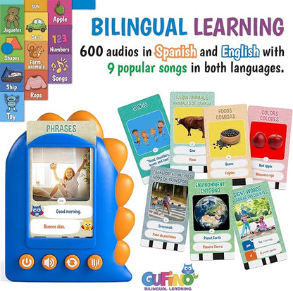 GUFINO Talking Flash Cards – 300 Spanish Flashcards for Kids for Cognitive Abilities & Boost Language Development – Learning Games, Blue Toddler Boy Gifts. See and Say Toys for Toddlers
