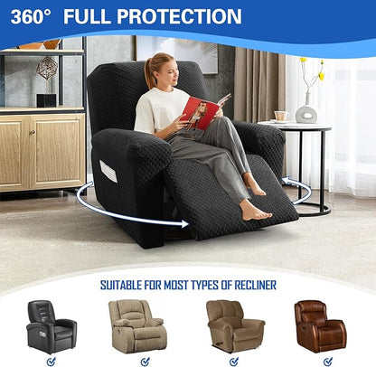 MAXIJIN Recliner Cover Slipcovers for Living Room 4 Pieces Stretch Jacquard Recliner Chair Cover Soft Fitted Recliner Protector with Elastic Bottom for Kids, Pets (Recliner, Black)
