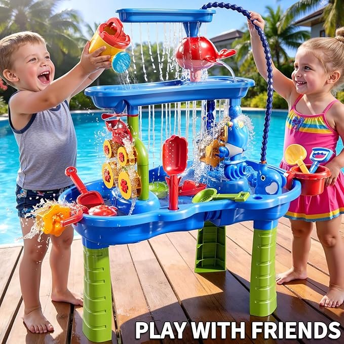 Water Table for Toddlers 1-3 3-5, 3-Tier Water Table for Kids with Water Pump, Water and Sand Sensory Table Beach Outdoor Toys for Kids Toddlers Age 3 4 5 6 7 8 Boys Girls