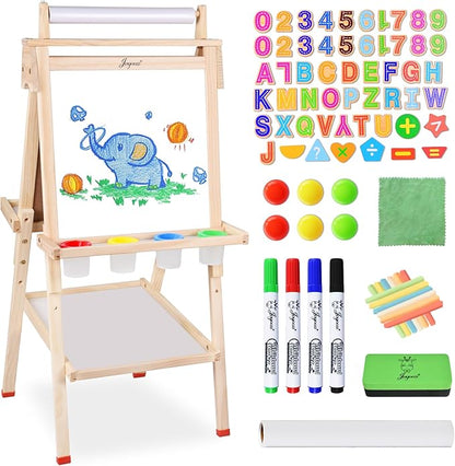 Joyooss Art Easel for Kids with Double-Sided Magnetic, Wooden Standing Kids Easel with Dry Erase Whiteboard & Chalkboard, Height Adjustable Children Easel with Paper Roll, Bonus Toddler Art Supplies