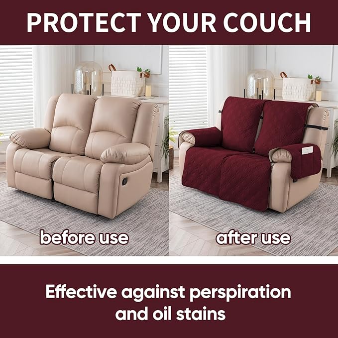 Easehomey Waterproof Loveseat Recliner Cover,Non Slip Reclining Couch Covers for 2 Seat,Dog Chair Cover Furniture Protector Washable Chair Cover with Pocket for Kids,Pets,Dogs(Wine Red,2Seat)