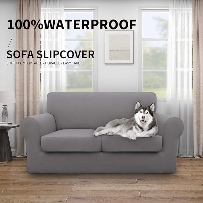Easy-Going 100% Dual Waterproof Loveseat Cover Stretch Soft Couch Cover for Dogs, Sofa Slipcover for 2 Separate Cushion Couch Leakproof Furniture Protector for Kids, Pets Light Gray