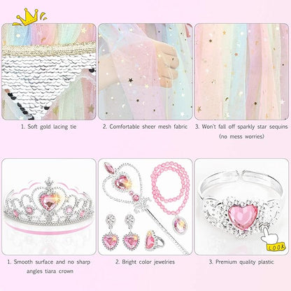 Fedio Princess Cape Set 7 Pieces Girls Princess Cloak with Tiara Crown, Wand for Little Girls Dress up (Rainbow)