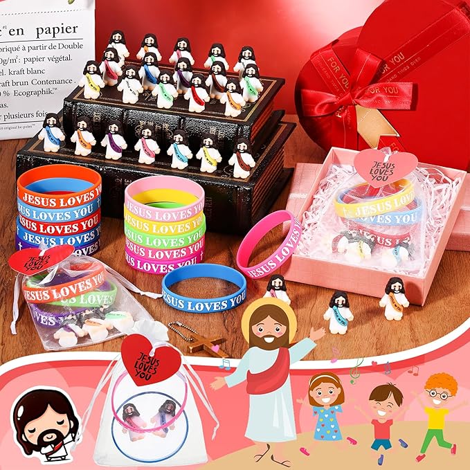 Bememo 150 Pcs Jesus Toys 50 Jesus Loves You Rubber Bracelets 50 Mini Jesus Figures 50 Organza Bag and Card Jesus Wristbands Bracelets for Sunday School Church Hide Game Religious Gift