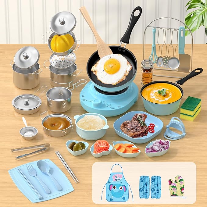 Kids Cooking Set Real for Ages 8-12, Real Mini Kitchen Tools with Stove Burner & Safe Knife, Montessori Cooking Toys for Boys & Girls, Easy Beginner Cooking Gift – Blue