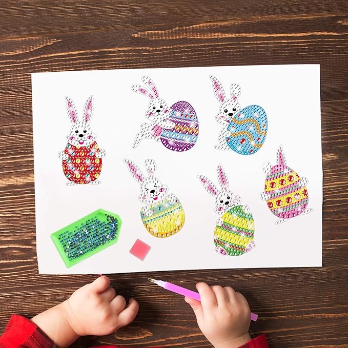 Gem Diamond Art Painting Stickers Kit for Kids,5D Diamond Mosaic Stickers by Numbers Kits Crafts Set for Children, Boys and Girls,Creative Handmade Art Craft Decorations Gift (Bunny with Egg)