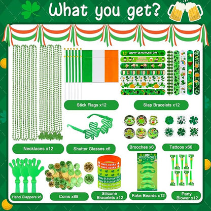 Garma 238 PCS St Patricks Day Decorations Set Glasses Bracelets Coins Necklaces Flags Tattoos Brooches Fake Beards Party Blowers Hand Clappers Saint Patricks Day Party Favors Accessories Supplies