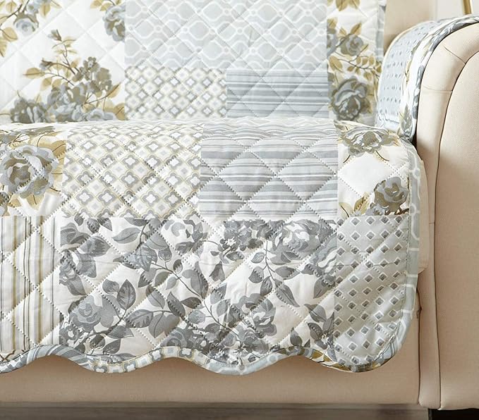 Patchwork Scalloped Printed Furniture Protector Stain Resistant Sofa Cover (Sofa, Grey)
