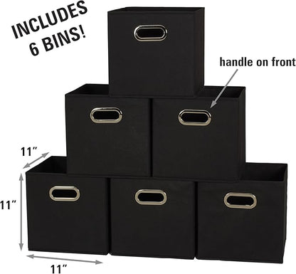 Household Essentials Foldable Fabric Storage Bins 6 Piece Set, Strong Poly-Woven Fabric, Sturdy Chipboard Sides, Grommet Front Handle, Stackable and Foldable, Classic Design, Black
