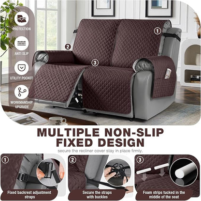 TAOCOCO Loveseat Recliner Cover Non-Slip Sofa Slipcover, Pet Cover for Loveseat Recliner with Elastic Straps, Washable Reclining Loveseat Cover Recliner Furniture Protector (2 Seater, Coffee)