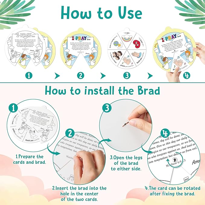 COcnny Bible Prayer Religious Craft - 24 Sets Christian Jesus Coloring Wheel Cards Creation Game Activities for Kids, The Lord’s Prayer Biblical Art Craft for Sunday School Classroom Ages 3-5 4-8 8-12