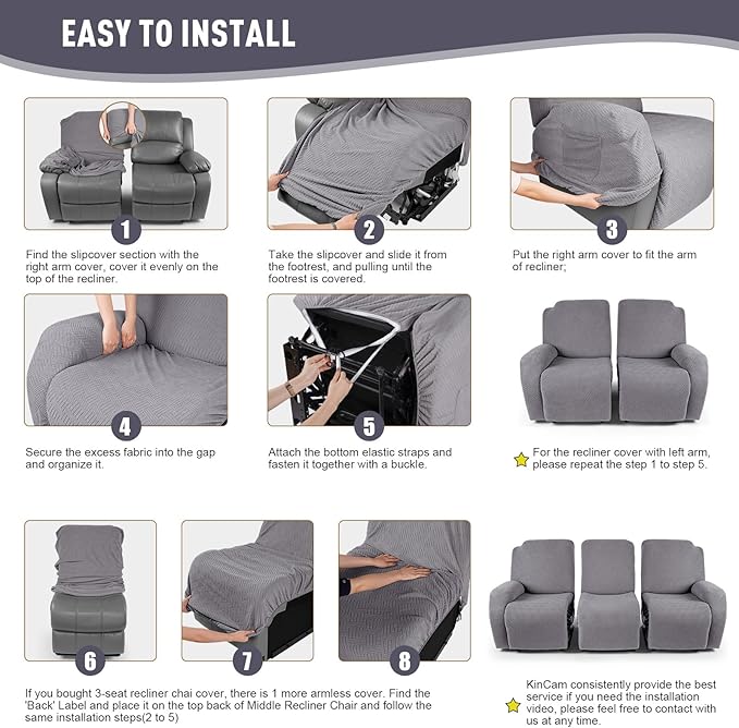 KinCam Recliner Covers, Stretch Reclining Chair Covers, Recliner Sofa Slipcovers Stripe Jacquard Recliner Couch Covers Furniture Protector Covers for Pet Kid (3 Seater, Light Gray)