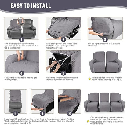 KinCam Recliner Covers, Stretch Reclining Chair Covers, Recliner Sofa Slipcovers Stripe Jacquard Recliner Couch Covers Furniture Protector Covers for Pet Kid (3 Seater, Light Gray)