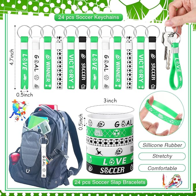 Aoriher 192 Pcs Soccer Party Favors Sport Slap Bracelets Keychains Bouncy Ball Silicone Bracelets Hair Ties Wristbands Gift Box Eraser Luminous Tattoo for Sport Themed Party Supplies