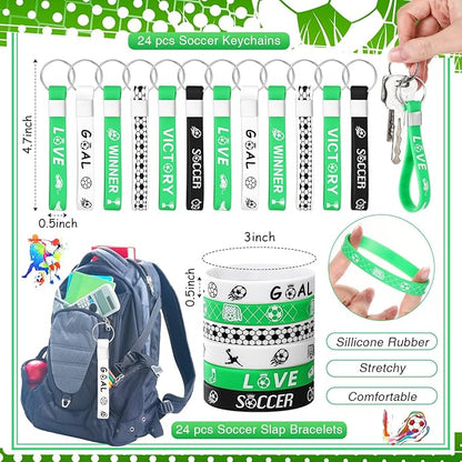 Aoriher 192 Pcs Soccer Party Favors Sport Slap Bracelets Keychains Bouncy Ball Silicone Bracelets Hair Ties Wristbands Gift Box Eraser Luminous Tattoo for Sport Themed Party Supplies