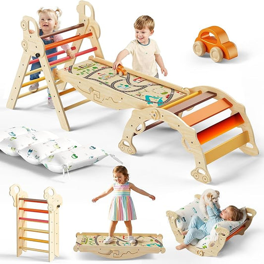Pikler Triangle Climbing Set with Cushion, Foldable Climbing Toys Indoor, Montessori Toddler Gym, 10-in-1 Climber & Playground, Gift for Christmas, Birthday, New Year (Sahara Sunset)