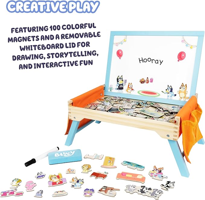 Bluey Art Creation Kids Art Station with 100 Magnets & Whiteboard Lid, Foldable Legs, Art Table for Kids, Storage Pockets