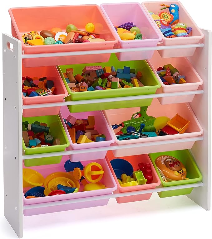 Amazon Basics Kids Toy Storage Organizer with 12 Plastic Bins, White Wood with Pink Bins, for Bedroom and Playroom, 33.85"D x 12.79"W x 35.42"H