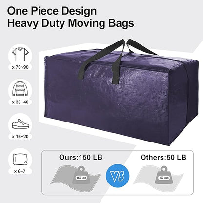 6 Pack Heavy Duty Extra Large Moving Bags W/Backpack Straps - Strong Handles & Zippers, Storage Totes For Space Saving, Fold Flat, Alternative to Box and Bin (40 gal, Semi-Transparent+Blue+Black)