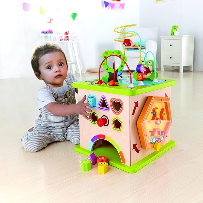 Hape Country Critters Play Cube| Wooden Learning Puzzle Toy for Toddlers, 5-Sided Activity Centre with Animal Friends, Shapes, Mazes, Wooden Balls, Shape Sorter Blocks and More