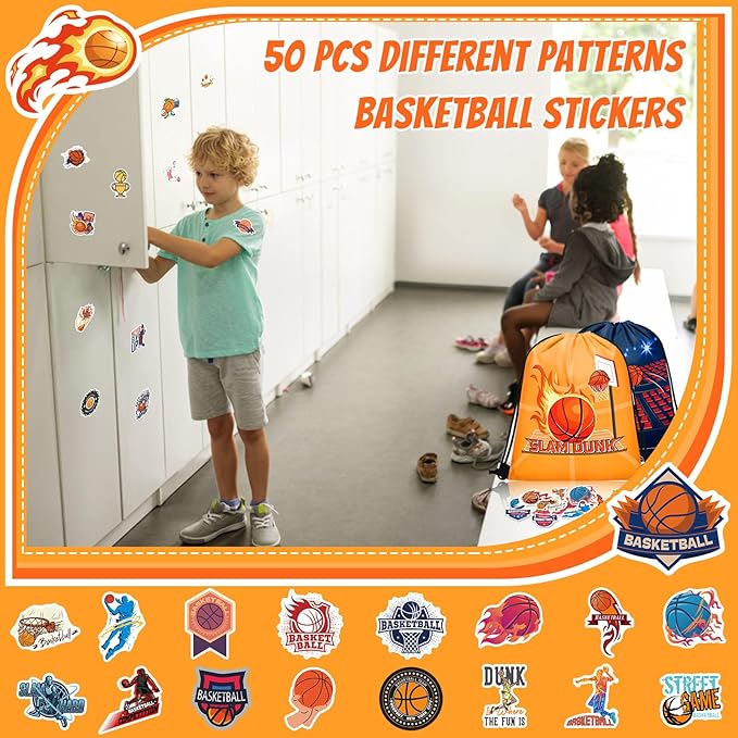 110 Pcs Basketball Party Favors Drawstring Backpack with Keychains Silicone Bracelets Stickers for Sports Birthday Supplies Goodie Bags Basketball Themed Gifts