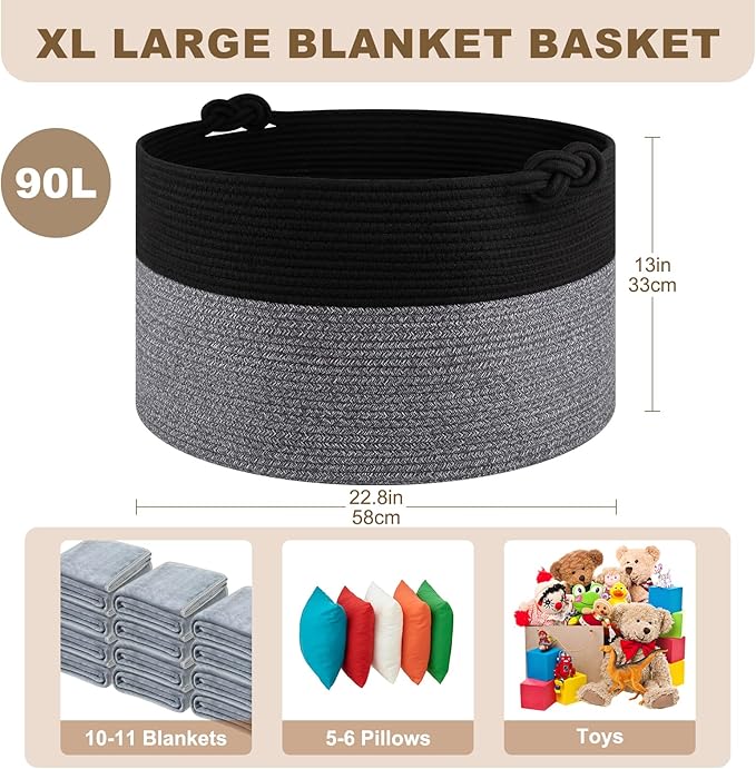 OIASKET Large Blanket Storage Basket for Living Room, 22.8" x 22.8" x 13" Woven Cotton Rope Basket with Handles, Baby Toy Storage, Laundry Hamper for Clothes, Pillows, Towels-Black and Grey