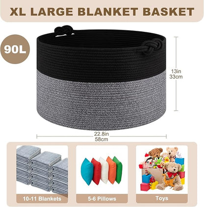 OIASKET Large Blanket Storage Basket for Living Room, 22.8" x 22.8" x 13" Woven Cotton Rope Basket with Handles, Baby Toy Storage, Laundry Hamper for Clothes, Pillows, Towels-Black and Grey